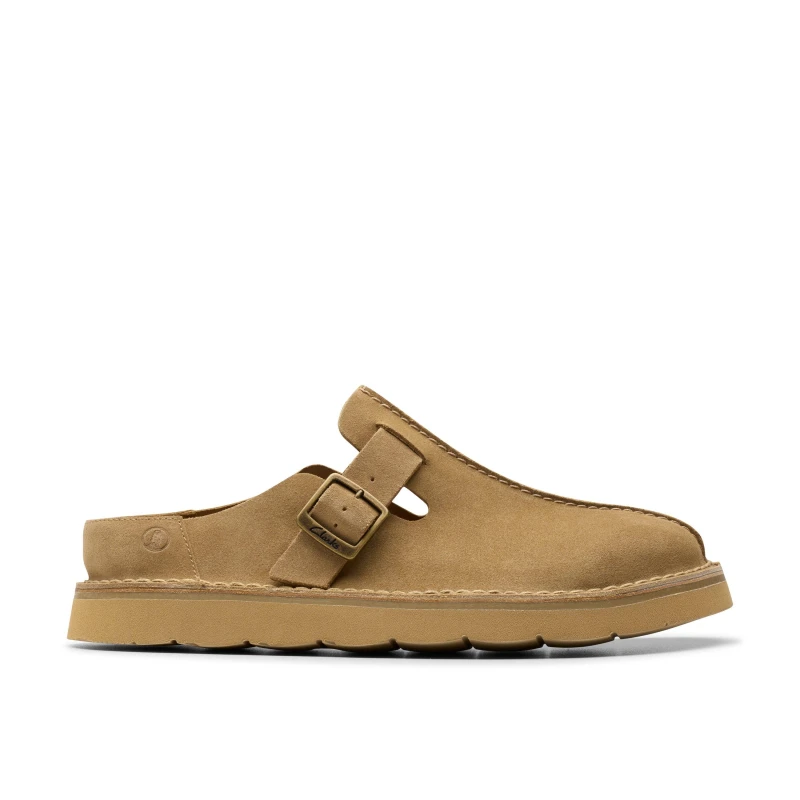 Image of Clarks Mens Solsbury Mule Dark Sand Suede Mules, Slip Ons in Beige Size: 9-Standard Fit Beige Male 9-Standard Fit