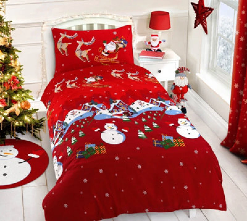 Image of Velosso Festive Red Christmas Duvet Cover Set With Pillowcases, Reindeer & Snowman Design, Button Enclosure, Machine Washable - Red