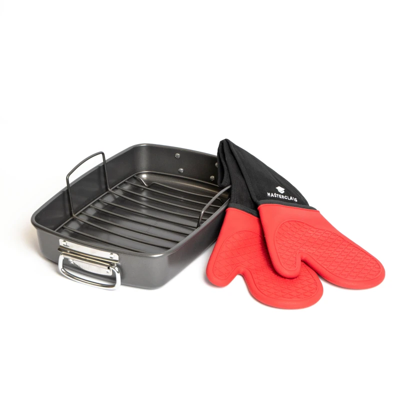 Image of Masterclass 2pc Roasting Set with Non-Stick Large Roasting Tin & Rack and Stain-Resistant Silicone Double Oven Gloves Multi