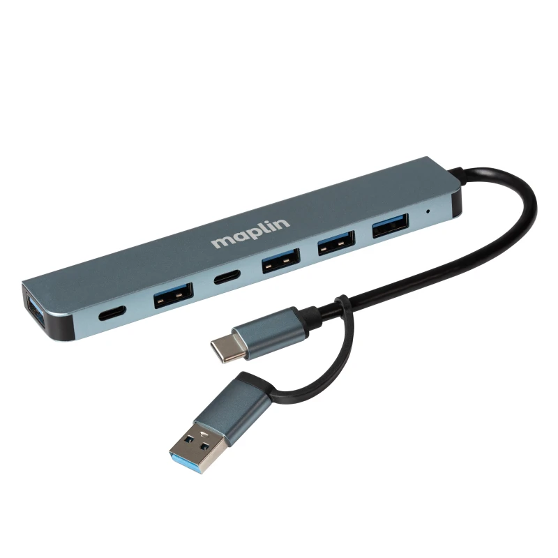 Image of Maplin USB-C & A Multiport Hub 4x USB-A 2.0 1x USB-A 3.0 2x USB-C