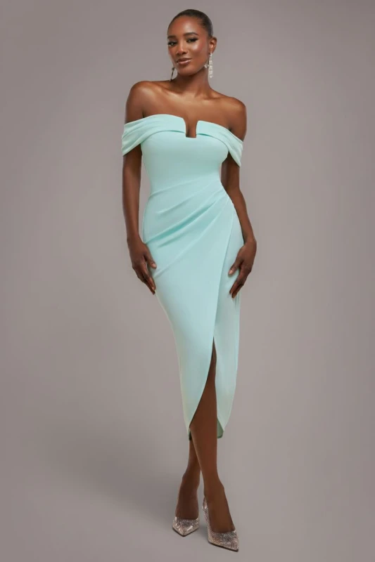 Image of Goddiva Womens Off The Shoulder Chiffon Wing Scuba Crepe Midi Dress in Mint Size: 18 Mint Female 18