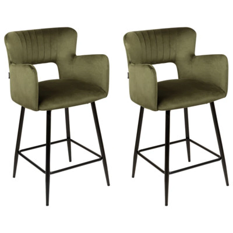Image of Beliani Set Of 2 Bar Chairs Sanilac Velvet Olive Green