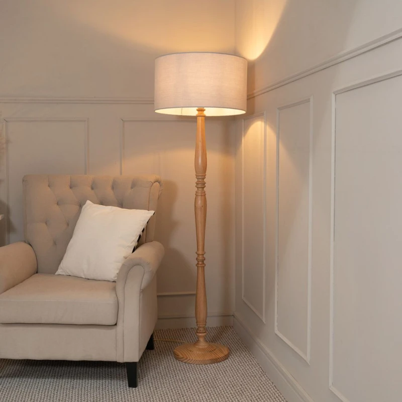 Image of ValueLights Victoria Light Wood Traditional Stem Floor Lamp with Fabric Drum Shade Grey