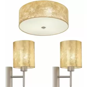 Image of Low Ceiling Light & 2x Matching Wall Lights Gold Fabric Round Diffused Shade