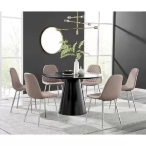 Image of Furniture Box Palma Black Semi Gloss Round Dining Table and 6 Cappuccino Corona Silver Chairs