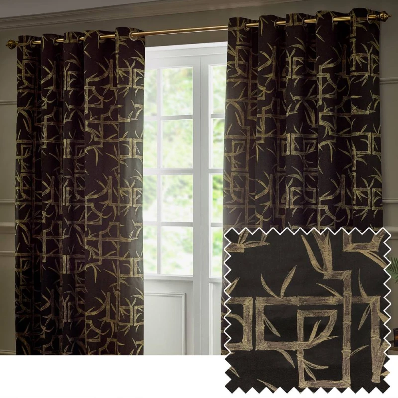Image of Paoletti Bamboo Fully Lined Jacquard Eyelet Curtain Pair in Black Size: 229cm width x 183cm drop Black Unisex 229cm width x 183cm drop