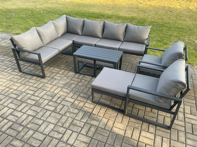 Image of Fimous Aluminum 11 Seater Outdoor Lounge Corner Sofa Set Garden Furniture Sets with Oblong Coffee Table 2 Chairs 3 Footstools Dark Grey Dark Grey Unis