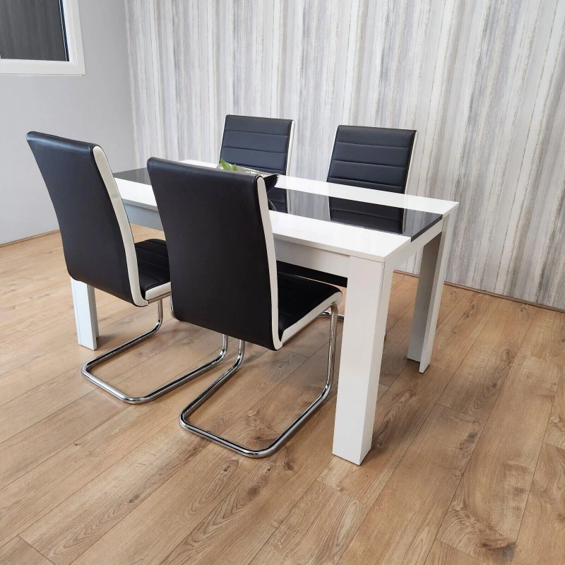 Image of KOSY KOALA Kosy Koala - Dining Table and 4 Chairs White Black Wood 4 Leather Chairs White Black Chairs Dining Room Modern w/b 140 + 4 ZBW chairs