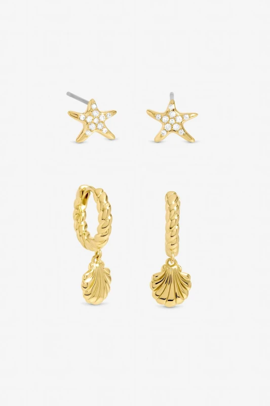 Image of Inicio Womens Gold Plated Shell Hoop & Stud Earrings - Pack Of 2 - Gift Pouch Gold Female One Size