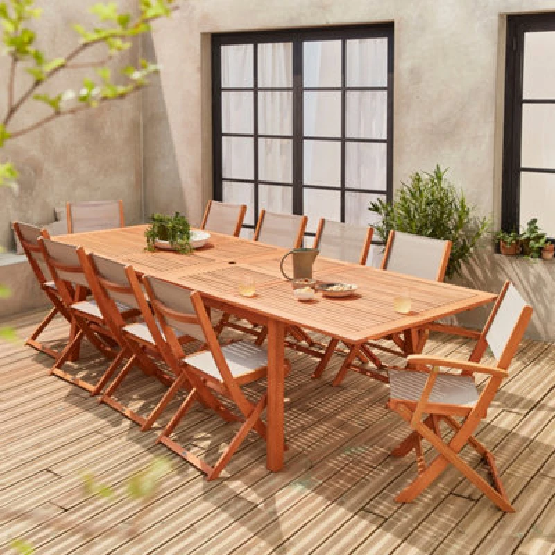 Image of Sweeek - 10-Seater Extendable Wooden Garden Table Set With Chairs Taupe-Grey 300X110X75cm - Almeria 10