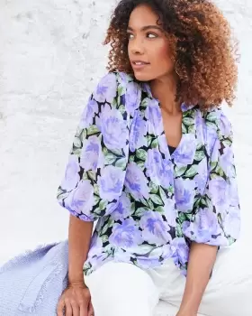 Image of Cotton Traders Womens Petal ¾ Sleeve Printed Chiffon Blouse in Black