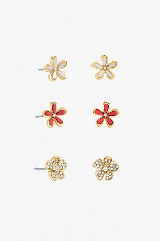 Image of Mood Womens Gold Plated Floral Earrings - Pack of 3 Gold Female One Size