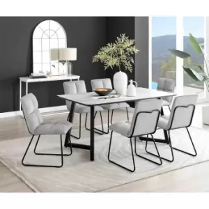 Image of Furniture Box Carson White Marble Effect Dining Table and 6 Light Grey Menen Chairs
