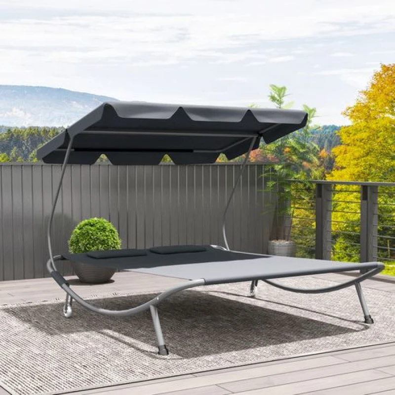 Image of Outsunny Garden Double Hammock Sun Lounger Day Bed Canopy w/ 2 Pillows, Grey 84B-174V00LG