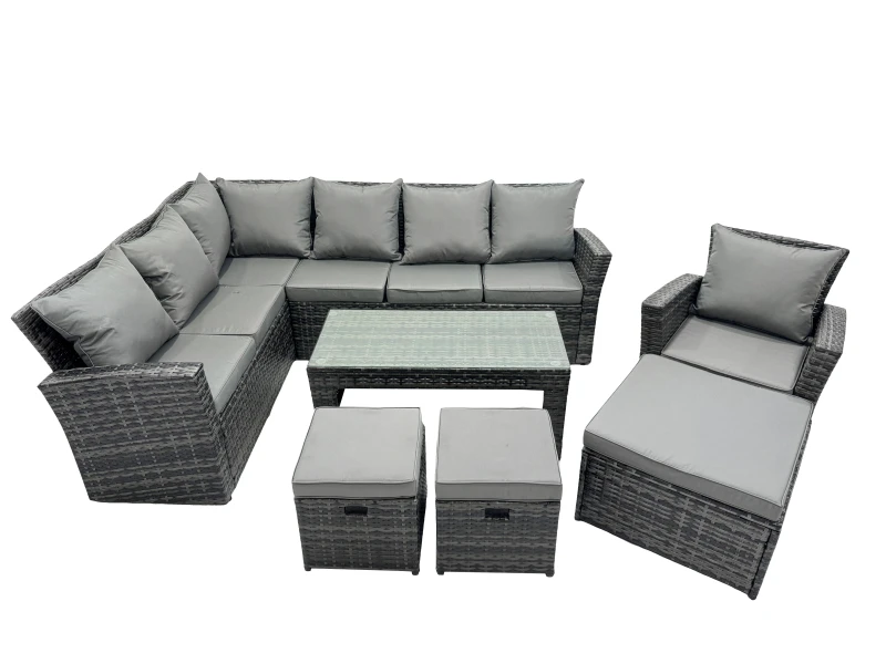 Image of Fimous 10 Seat Outdoor Oblong Coffee Table Corner Sofa Set with 3 Stool in Dark Grey Dark Grey Unisex