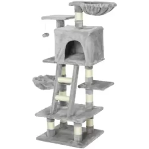 Image of Pawhut - 125cm Plush Cat Tree for Indoor Cats Activity Center Sisal Rope Scratching Posts Hanging Ball Basket Perch Condo Grey