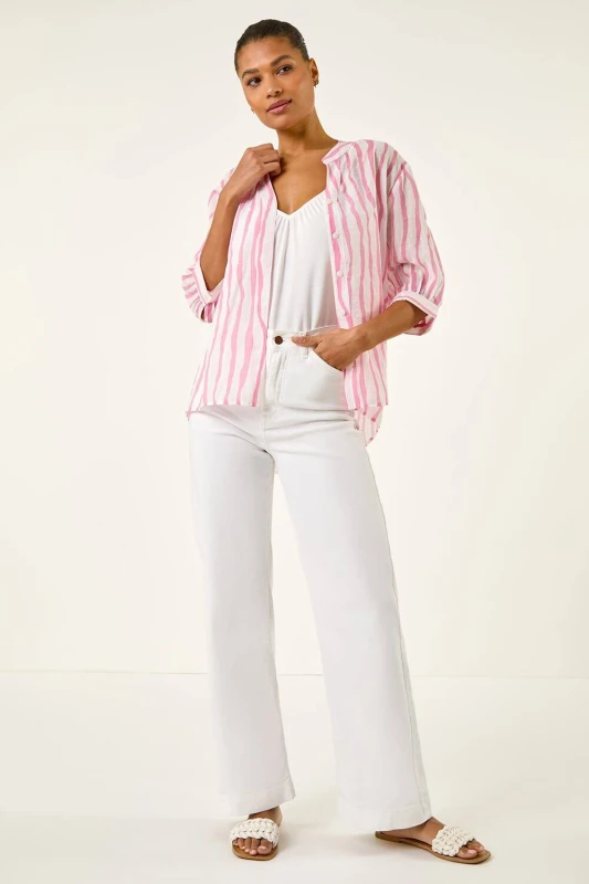 Image of Roman Womens Stripe Print V-Neck Blouse in Pink Size: 14 Pink Female 14