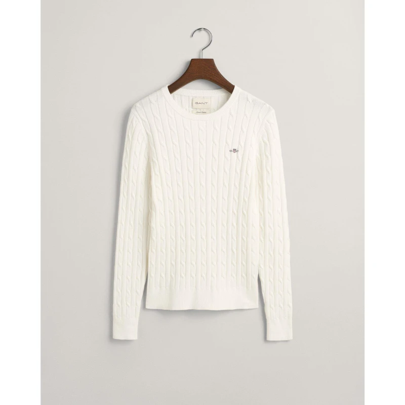 Image of Gant Stretch Cotton Cable Knit Crew Neck Sweater 113 Eggshell female 14 (L)