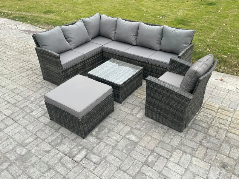 Image of Fimous 8 Seater Outdoor Garden Furniture Set Wicker PE Rattan Corner Sofa Set with Square Coffee Table Big Footstool Armchair in Dark Grey Dark Grey U