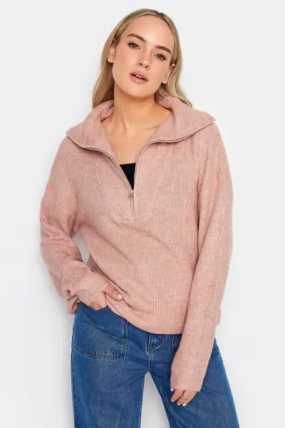 image of Long Tall Sally Tall Zip Funnel Neck Jumper Pink