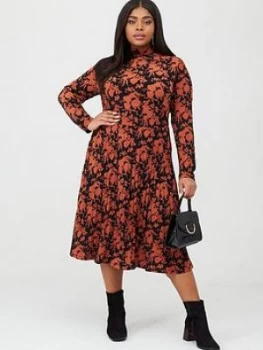 Image of Oasis Curve Shadow Print Pleated Crepe Midi Dress - Multi/Black