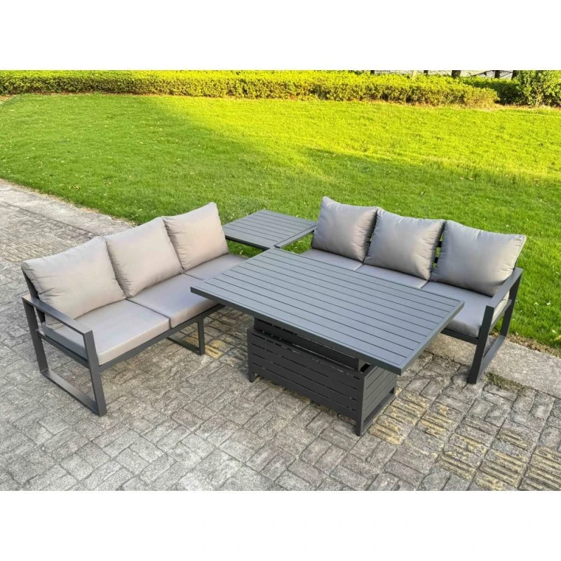 Image of Fimous Aluminum 4 Piece Sofa Set with Lifting Table, Cushions & Side Table in Dark Grey Dark Grey Unisex
