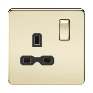 Image of KnightsBridge 1G DP 13A 230V Screwless Polished Brass UK 3 Pin Switched Electrical Wall Socket - Black Insert