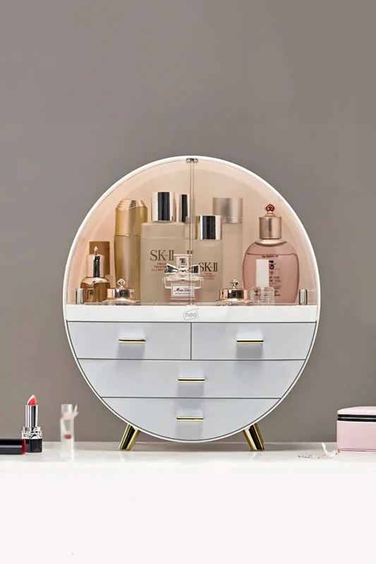Image of Neo 3 Drawer Round Desktop Cosmetic Makeup Display Storage Box Organiser in White White Unisex