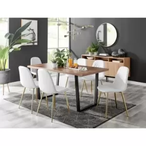 Image of Kylo Brown Wood Effect Dining Table & 6 White Corona Faux Leather Dining Chairs with Gold Legs Diamond Stitch - White