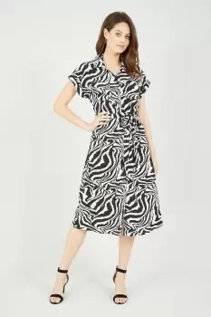 image of Black Zebra Print Midi Shirt Dress