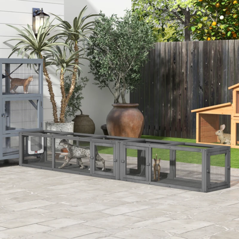Image of PawHut Cat Tunnel, 250cm Extra Long Wooden Cat Play Tunnel with 8 Doors Grey Dark Grey