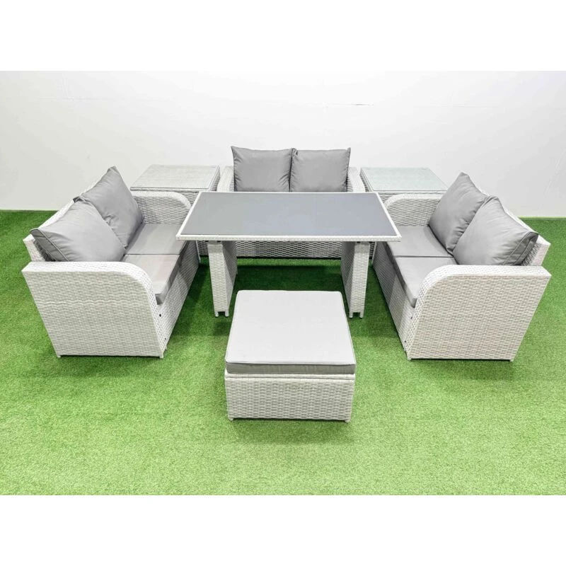 Image of Fimous 7 Seater Patio Garden Furniture Sets with 2 Side Tables Big Stool in Light Grey Light Grey Unisex