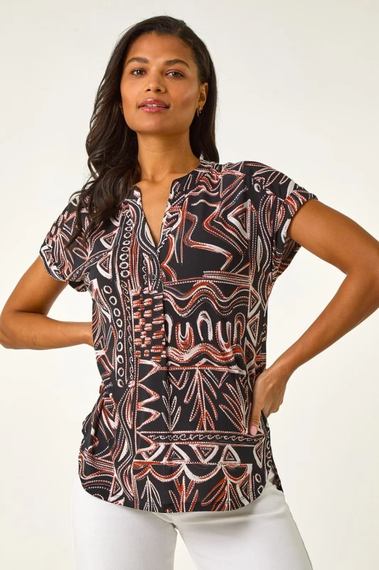 Image of Roman Womens Textured Ikat Print Stretch Top in Orange Size: 12 Orange Female 12