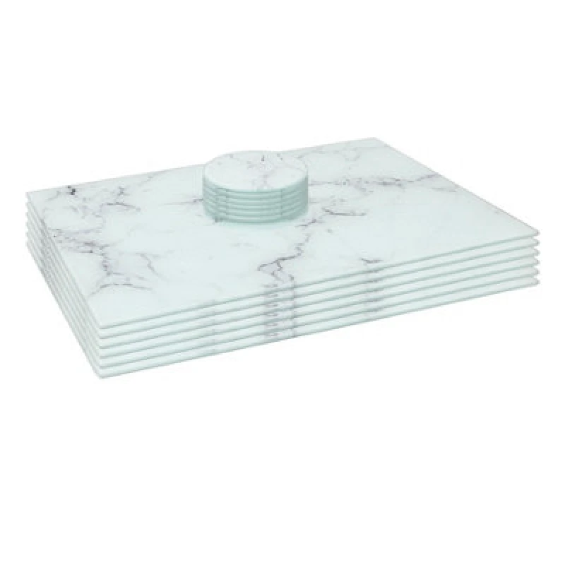 Image of Harbour Housewares 12Pc Glass Placemats & Round Coasters Set - 40 X 30Cm Marble Dining Table Protection Place Mats & Coasters