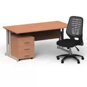 Image of Impulse 1600/800 Silver Cant Desk Beech + 3 Dr Mobile Ped & Relay Silver Back