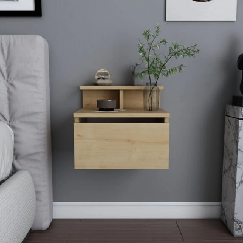 Image of Decorotika Alice Floating Wall Mounted Nightstand Bedside Table Bedroom Light Oak