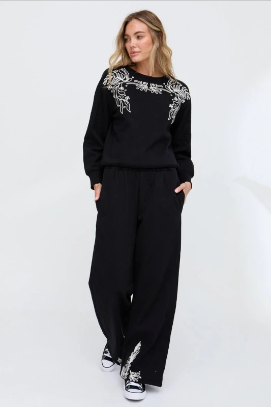 Image of Raffya Womens Marmalade Embroidered Wide Leg Trouser In Black Size: 10 Black Female 10