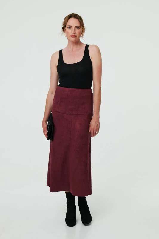 Image of Izabel London Womens Faux Suede A-Line High Waist Midi Skirt in Red Size: 10 Red Female 10