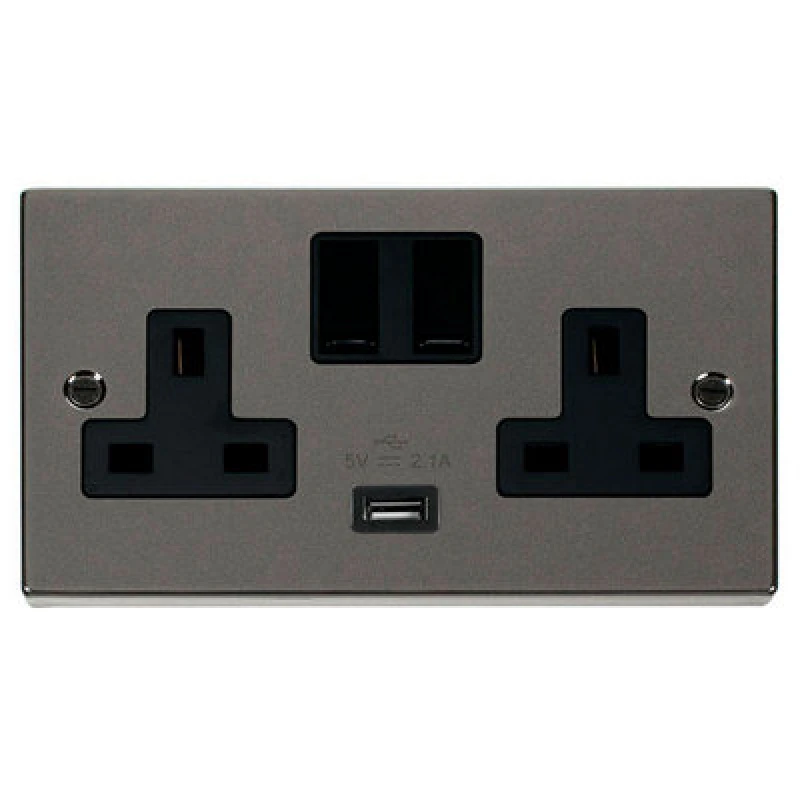 Image of SE Home Black Nickel 2 Gang 13A 1 USB Twin Double Switched Plug Socket Black