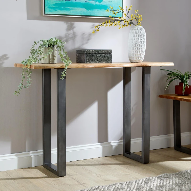 Image of Home Source Live Edge Console Table Solid 26mm Acacia Top Black Metal Legs