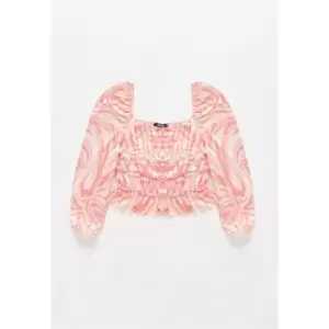 image of Missguided Plus Size Swirl Print Slinky Puff Sleeve Crop Top - Multi