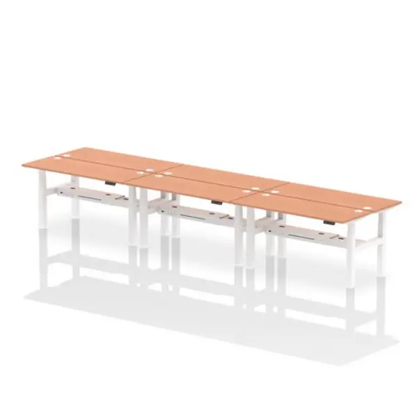 Image of Air Air Back-to-Back 1600 x 600mm Height Adjustable 6 Person Bench Desk Beech Top with Cable Ports White Frame HASCP6P16600BCHW