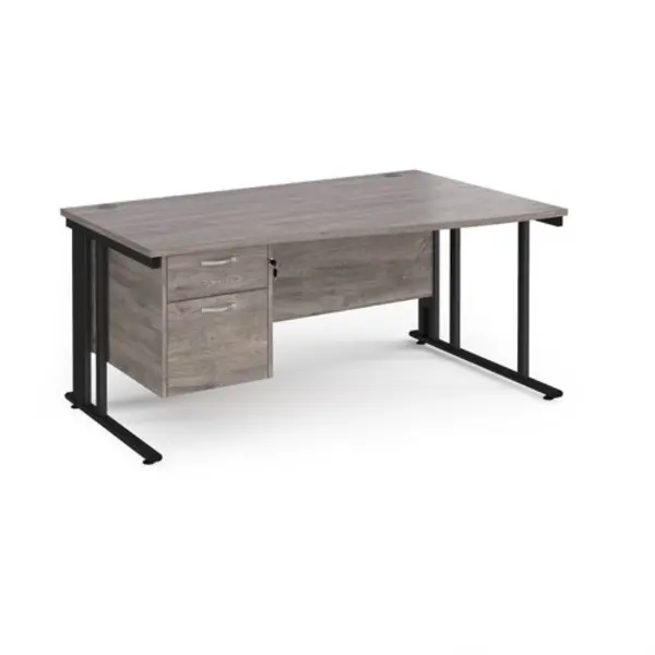 Image of Maestro 25 right hand wave desk 1600mm wide with 2 drawer pedestal - Black cable managed leg frame, grey oak top