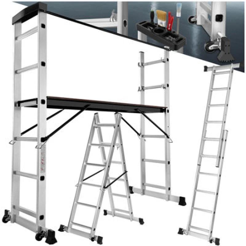 Image of Tectake Ladder, Scaffold & Platform 4-In-1 - Aluminium, Non-Slip, Stable, With 2 Practical Wheels - Silver