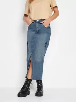 Image of PixieGirl Petite Denim Utility Midi Skirt, Blue, Size 16, Women