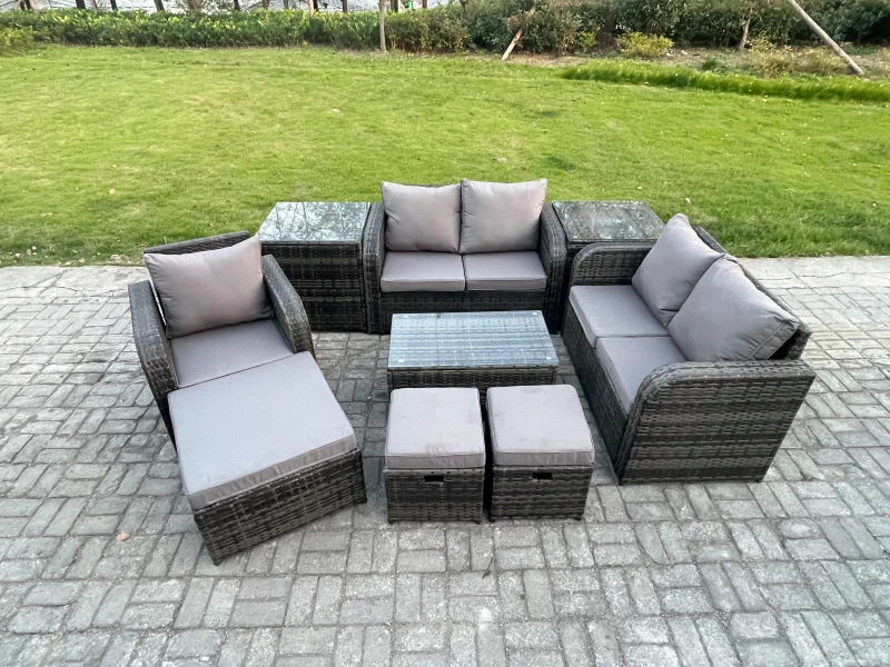 Image of Fimous 8 Seater High Back Rattan Garden Furniture Set with Loveseat Sofa Coffee Table 3 Footstools 2 Side Tables Indoor Outdoor Patio Lounge Sofa Set