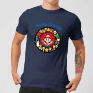 Image of Nintendo Super Mario Mario Happy Holidays Navy T-Shirt - L - Navy