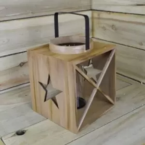 image of 22 x 26cm Wooden Lantern With Decorative Star Cut Outs And Glass Candle Holder