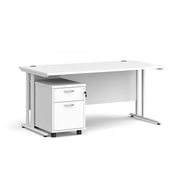 image of Maestro 25 Straight Desk with White Cantilever Frame and 2 Drawer Pedestal - White - 1600mm x 800mm