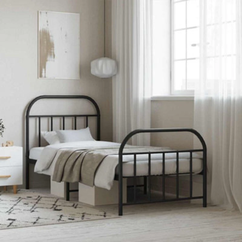Image of JINLEFU Metal Bed Frame without Mattress with Footboard Black 90x190cm vidaXL JRVDZX-353645_DE